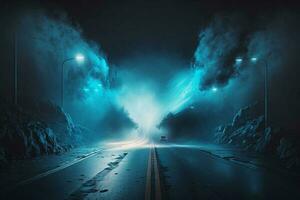 Asphalt Blau dunkel Straße mit Rauch. Strahlen, Scheinwerfer Neon- Licht ai generiert foto