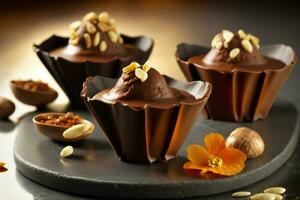 Schokolade Tassen mit gesalzen Karamell und Nüsse ai generiert foto