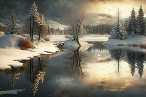 Winter Landschaft mit schön Betrachtung im das Wasser ai generiert foto