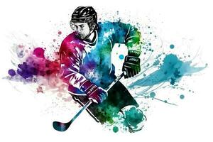 Sportler spielen Eishockey auf Aquarell Regenbogen Spritzen. neural Netzwerk generiert Kunst foto