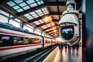 cctv Kamera Betriebs auf Zug Bahnhof Plattform. neural Netzwerk ai generiert foto