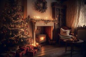 schön gemütlich Weihnachten Innere mit ein Kamin. neural Netzwerk ai generiert foto