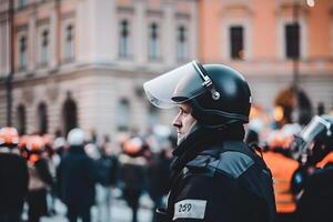 niedrig Winkel von anonym Polizei Soldaten im schützend Uniformen und Helme Stehen gegen Kader van und verteidigen durch randalieren Schilde. neural Netzwerk ai generiert foto