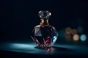 schön stilvoll Parfüm Flasche auf ein dunkel Hintergrund. neural Netzwerk ai generiert foto