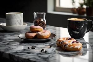 immer noch Leben mit Kaffee und Donuts. neural Netzwerk ai generiert foto