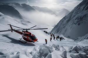 Rettung Hubschrauber fliegend im ein schneebedeckt Landschaft. neural Netzwerk ai generiert foto