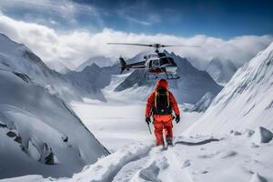 Rettung Hubschrauber fliegend im ein schneebedeckt Landschaft. neural Netzwerk ai generiert foto