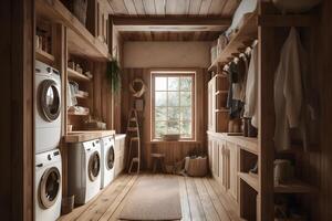modern Waschen Maschinen im ein hölzern Innere. neural Netzwerk ai generiert foto