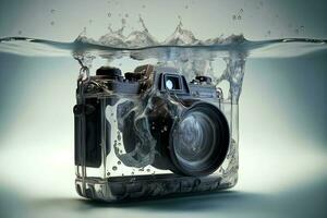 modern slr Fotoapparat fallen unter Wasser mit Wasser Spritzer. neural Netzwerk generiert Kunst foto