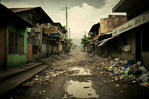 Ghetto Stadt zurück Gasse mit Schmutz Müll und Arm wohnhaft Häuser. neural Netzwerk generiert Kunst foto