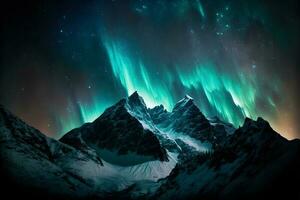 Polar- Beleuchtung ebenfalls namens Nord Beleuchtung oder Aurora Borealis im Nord Norwegen Berge. neural Netzwerk generiert Kunst foto
