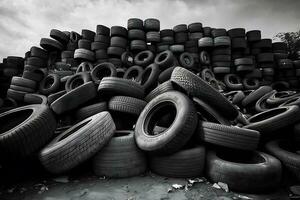 groß Stapel von benutzt alt Auto Reifen zum Recycling. neural Netzwerk generiert Kunst foto