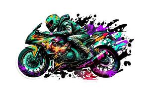 Aufkleber von Biker auf Sport Motorrad im Aquarell Stil auf Weiß Hintergrund. neural Netzwerk generiert Kunst foto