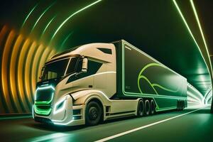 LKW Anhänger Fahren beim das Neon- Tunnel. neural Netzwerk generiert Kunst foto