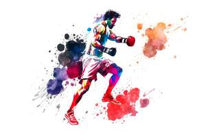 sportlich Mann während Boxen mit Aquarell Spritzen, Aufkleber. neural Netzwerk ai generiert foto