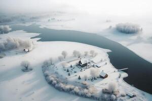 Winter Landschaft. Winter Straße und Bäume bedeckt mit Schnee. neural Netzwerk ai generiert foto