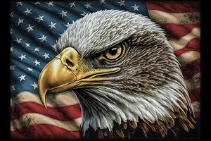ein wütend Norden amerikanisch kahl Adler auf amerikanisch Flagge. neural Netzwerk ai generiert foto