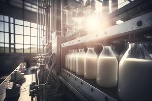 Milch Produktion im ein Fabrik. neural Netzwerk ai generiert foto