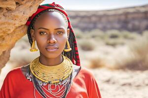 Porträt von ein schön afrikanisch Frau im ethnisch Stil. neural Netzwerk ai generiert foto