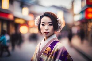 Porträt von ein japanisch Frau im National Kleidung. neural Netzwerk ai generiert foto