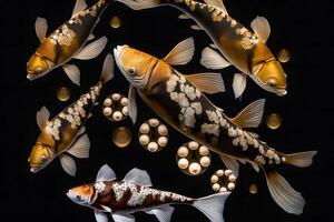 golden Koi Fisch auf schwarz Hintergrund. neural Netzwerk ai generiert foto