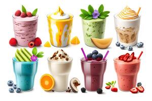 Sammlung von bunt köstlich Obst Smoothies isoliert auf Weiß Hintergrund. neural Netzwerk ai generiert foto