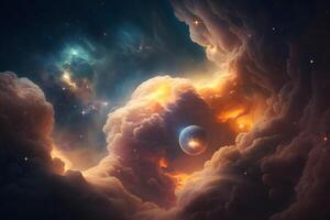 Raum Hintergrund mit Galaxis und Nebel im Blau und Orange Wolken. neural Netzwerk ai generiert foto