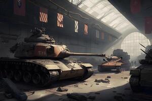 Schlacht Panzer beim ein Militär- Base im ein Halle, ein industriell Pflanze. neural Netzwerk ai generiert foto