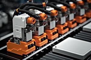Innere von Industrie Fabrik, Roboter Versammlung Linie mit elektrisch Auto Batterie Zellen Modul auf Plattform. generativ ai foto