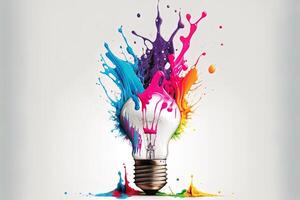 Illustration von bunt Birne mit Spritzen von Farben auf Weiß Hintergrund. Kreativität, Eureka, Vorstellung, Inspiration. generativ ai. Idee und Lösung Konzept foto