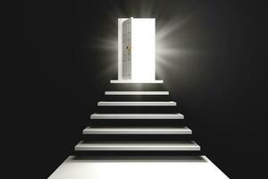Treppe zu schwarz Tür mit beleuchtet Ausfahrt im dunkel Zimmer. Konzept von ein Weg zu Erfolg, Planung zum Fortschritt gegenüber ein hell Zukunft. mit Kopieren Raum und Geschäft Design. foto