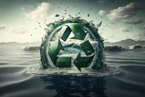 recyceln Symbol im das Ozean. generativ ai Grün Energie Konzept, Nein Mehr Müll und Plastik im Meer. speichern das Ozean von Müll. schützen das Ozeane und Meere. Öko Leistung foto