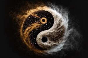 golden und schwarz Yin Yang Symbol mit schwebend Pulver auf schwarz Hintergrund. Abstraktion, Buddhismus, Hinduismus, Symbol, Religion, Balance Konzept. generativ ai foto