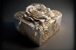 realistisch dekorativ Geschenk Kisten 3d Geschenke Weiß Karton Verpackung Vorlagen Seite Aussicht Herz gestalten die Geschenke perfekt eingewickelt Valentinsgrüße Geschenkbox Luxus Karton generativ ai foto