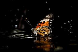 ein Schmetterling fliegt schließen Über das Wasser, generativ ai. foto