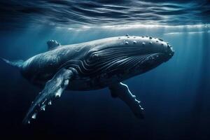 ein groß Buckel Wal schwimmt allein im das Ozean Gewässer, generativ ai. foto