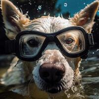 ein Hund schwimmt im Schwimmen Brille, generativ ai. foto