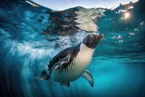 ein Pinguin schwimmt allein unter Wasser, generativ ai. foto