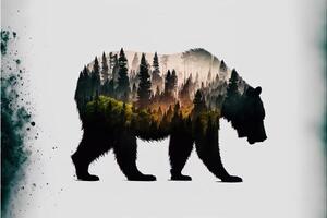 doppelt Exposition generativ ai von ein Bär und Urwald auf Weiß Hintergrund. Camping Konzept. Jahrgang Grizzly zum T-Shirt Design, Aufkleber, Poster, und Hintergrund. Abenteuer Bär Illustration foto