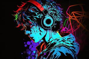 generativ ai ein Neon- Spieler Anime Mode Junge oder Mann tragen Kopfhörer, hat verloren im seine Musik. abstrakt Hintergrund Das weckt das Gefühl von anders Genres von Musik. Banner Musik- Konzept foto