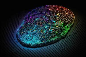 Foto von holographisch Fingerabdruck Sicherheit im das Digital Alter, schützen groß Daten mit ai Technologie generativ ai. Fingerabdruck integriert im ein gedruckt Schaltkreis, loslassen binär Codes.