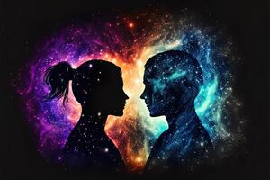Mann und Frau Silhouetten beim abstrakt kosmisch Hintergrund. Mensch Seelen Paar im Liebe. astral Körper, esoterisch und spirituell Leben Konzept generativ ai foto