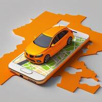 online Handy, Mobiltelefon Anwendung Taxi Bestellung Bedienung , Orange Taxi Auto Fahren entlang das Route zu das Marker auf ein Clever Telefon, auf ein Stadt Karte. Auto und Satellit Navigation Systeme Konzept. generativ ai foto