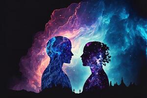 Mann und Frau Silhouetten beim abstrakt kosmisch Hintergrund. Mensch Seelen Paar im Liebe. astral Körper, esoterisch und spirituell Leben Konzept generativ ai foto