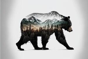 doppelt Exposition generativ ai von ein Bär und Urwald auf Weiß Hintergrund. Camping Konzept. Jahrgang Grizzly zum T-Shirt Design, Aufkleber, Poster, und Hintergrund. Abenteuer Bär Illustration foto