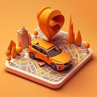 online Handy, Mobiltelefon Anwendung Taxi Bestellung Bedienung , Orange Taxi Auto Fahren entlang das Route zu das Marker auf ein Clever Telefon, auf ein Stadt Karte. Auto und Satellit Navigation Systeme Konzept. generativ ai foto