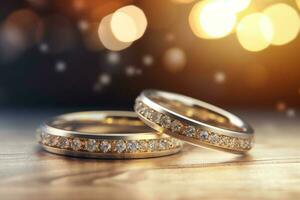 Hochzeit Ringe mit Silber und Gold auf Bokeh Hintergrund im das Stil von funkeln und Diamant Staub. Nahansicht Foto mit Kopieren Raum zum Text