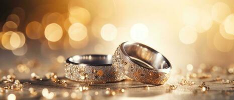 Hochzeit Ringe mit Silber und Gold auf Bokeh Hintergrund im das Stil von funkeln und Diamant Staub. Nahansicht Foto mit Kopieren Raum zum Text