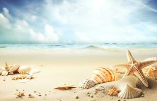 Muscheln und Seestern auf das schön tropisch Strand und Meer mit Blau Himmel Hintergrund. Sommer- Ferien Konzept foto