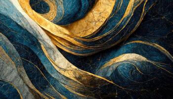 Marmor bewirken Hintergrund oder Textur. spektakulär abstrakt glitzernd golden solide Flüssigkeit Wellen. wirbelnd golden und Blau Pastell- Muster, leuchtenden golden Farbe, Marmor geometrisch, generativ ai foto